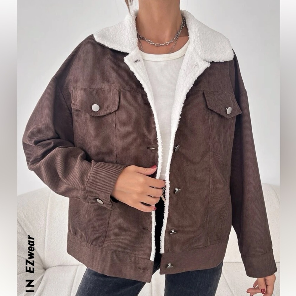 SHEIN Medium Teddy Lined Drop Shoulder Corduroy Jacket Coffee Brown Sherpa - Picture 1 of 8